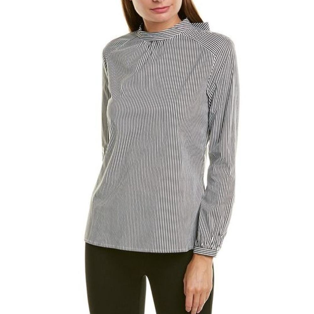 J. McLaughlin Elodie Blouse Striped Neck Tie Shirt Black White Size Medium